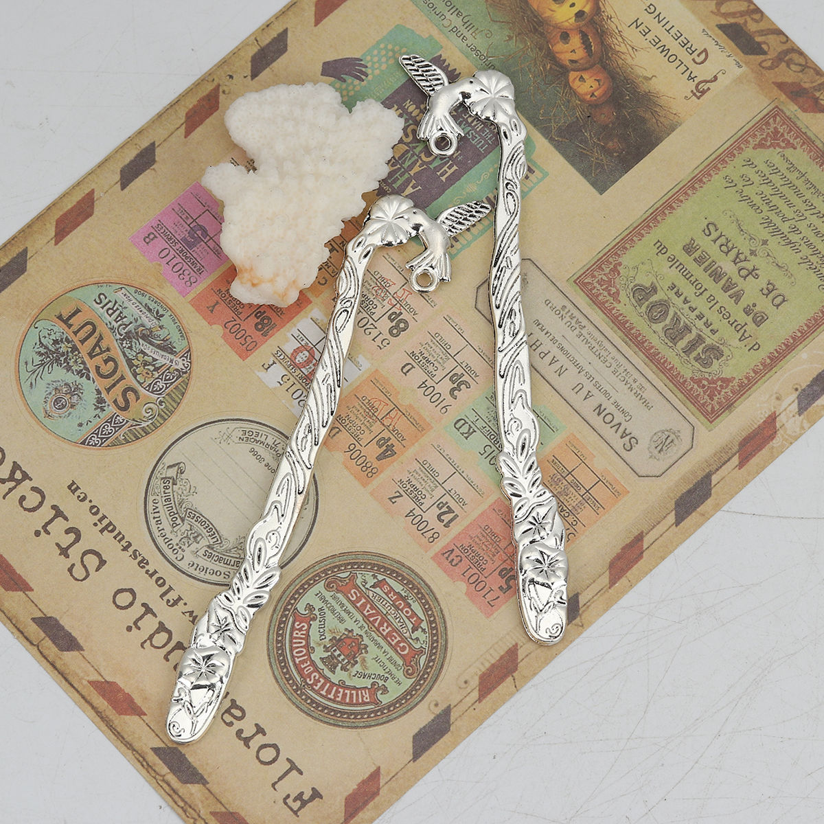 Imagen de Zamak Marcadores de libro Flor Plata Antigua W/ Lazo Pájaro 12.3cm x 2.5cm, 5 Unidades