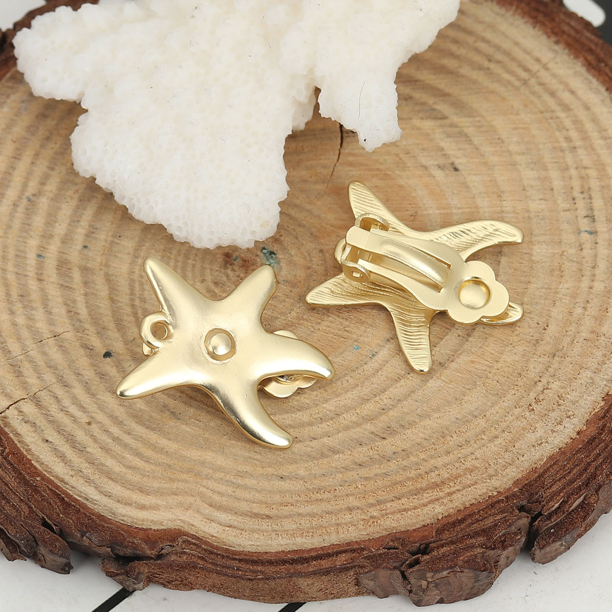 Bild von Zinklegierung Ohrklemme Seesterne Matt Gold M/Öse 22mm x 19mm, 4 Stück