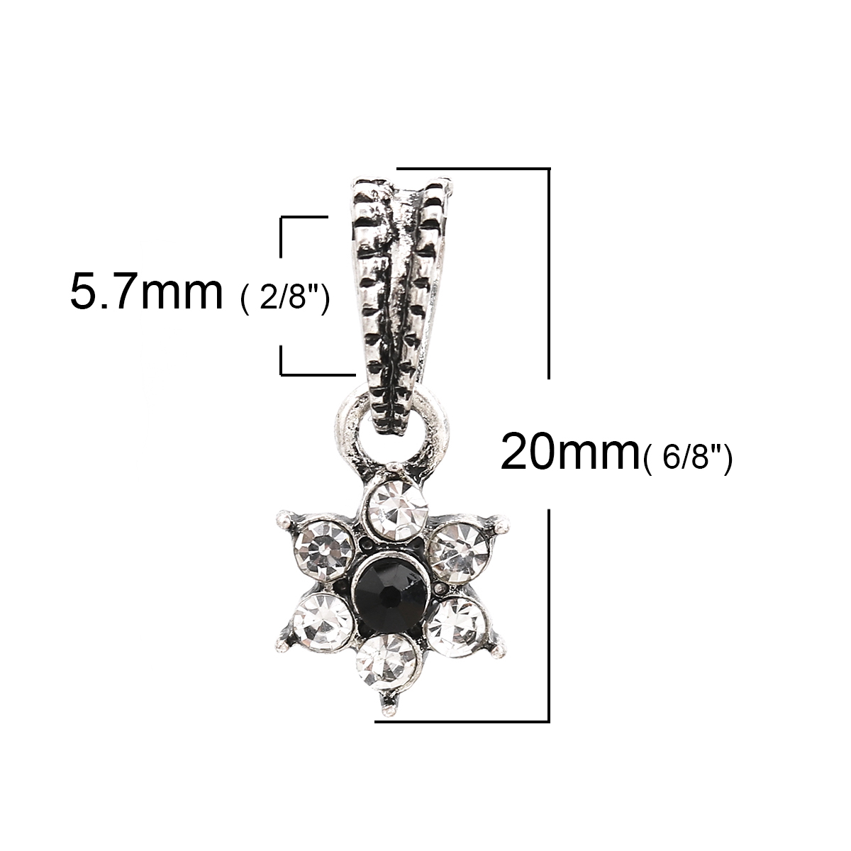 Picture of 5 PCs Zinc Based Alloy Charm Pendant Antique Silver Color Flower Black Rhinestone 20mm x 9mm