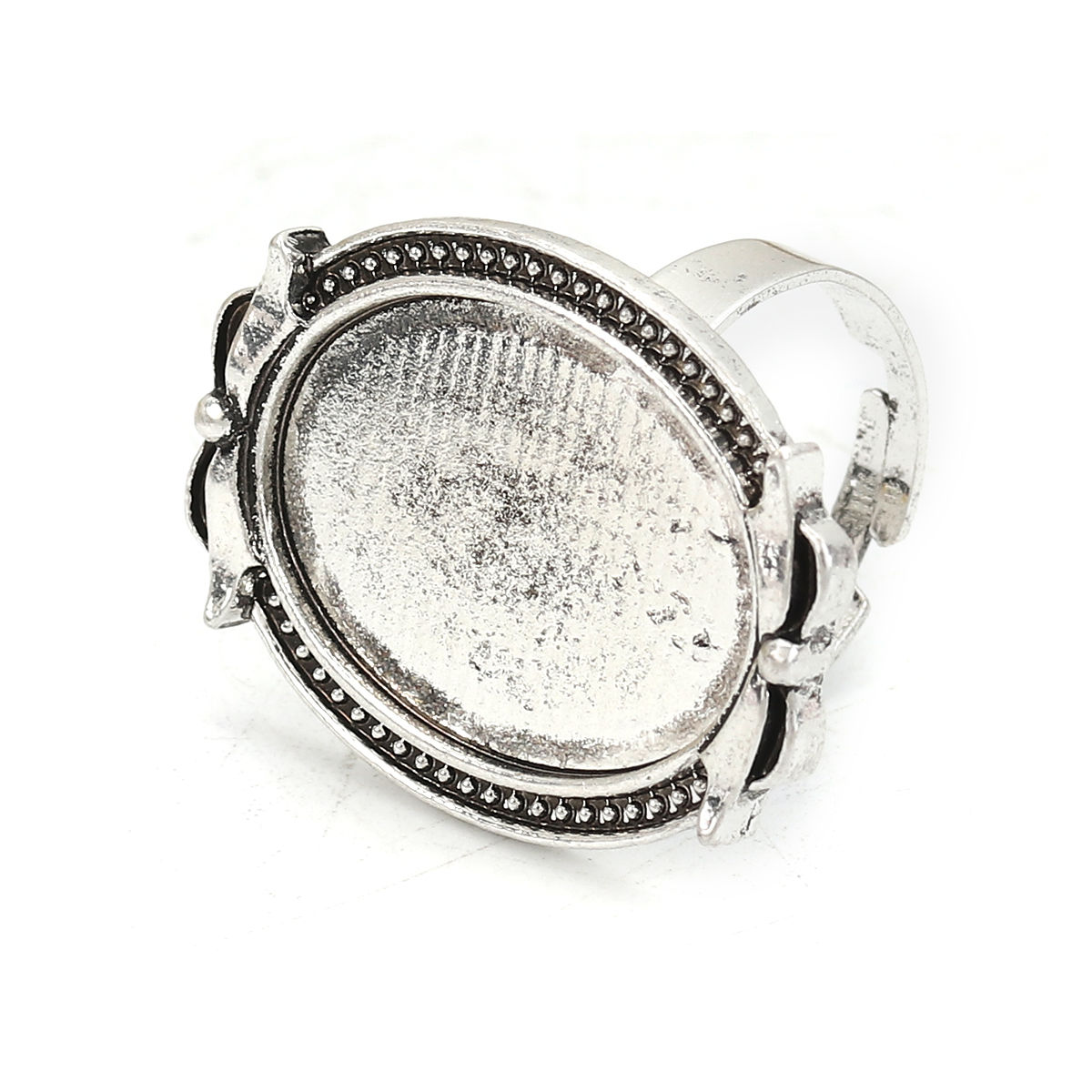 Picture of Zinc Based Alloy Adjustable Rings Antique Silver Color Oval Bowknot Cabochon Settings (Fits 25mmx18mm) 17.5mm( 6/8")(US size 7.25), 5 PCs