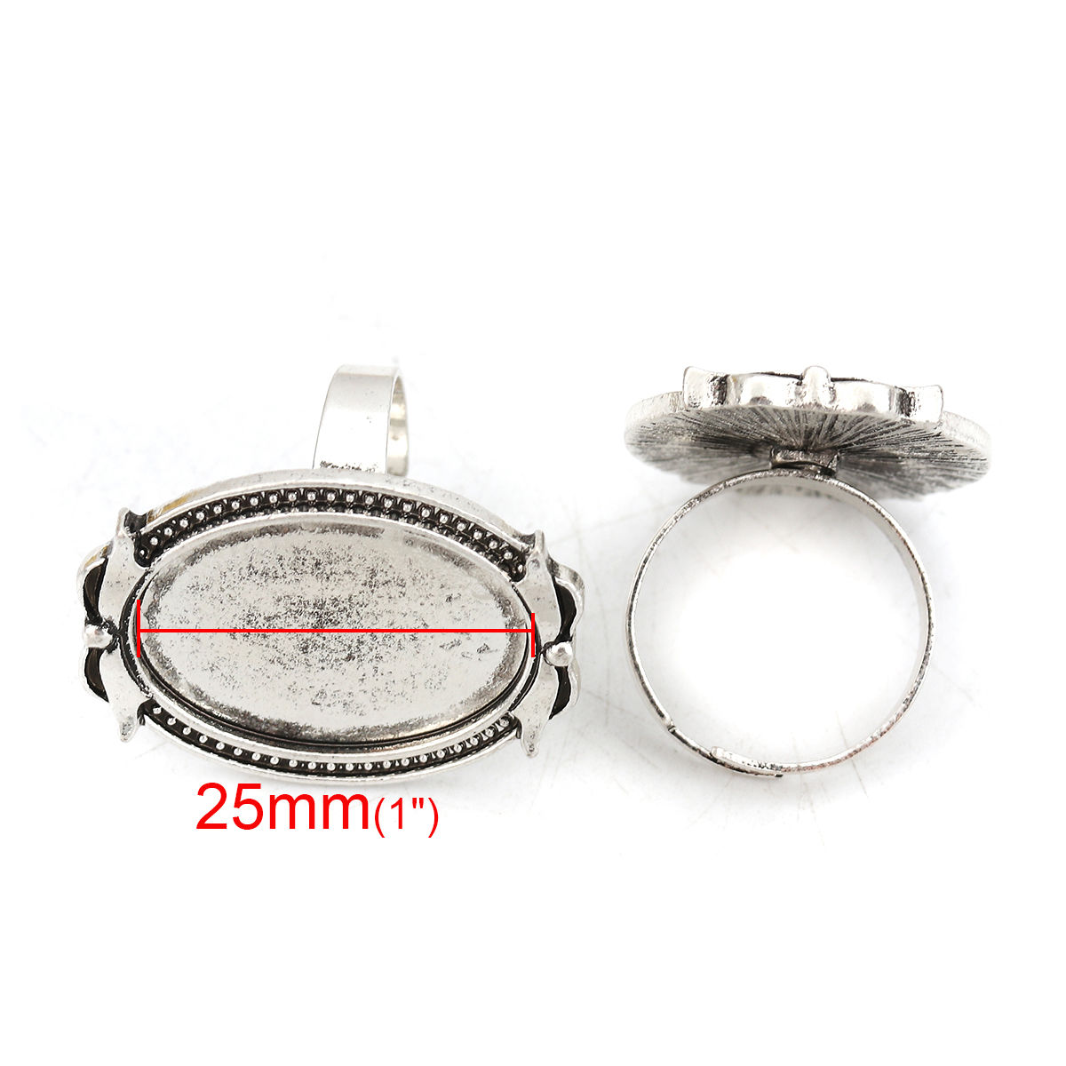 Picture of Zinc Based Alloy Adjustable Rings Antique Silver Color Oval Bowknot Cabochon Settings (Fits 25mmx18mm) 17.5mm( 6/8")(US size 7.25), 5 PCs