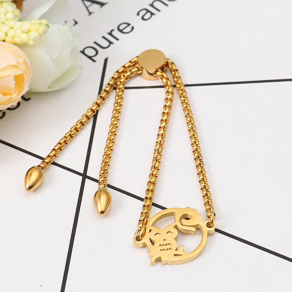 Picture of 304 Stainless Steel Adjustable Slider/ Slide Bolo Bracelets Gold Plated Round Owl 26.3cm(10 3/8") - 25.3cm(10") long, 50 PCs