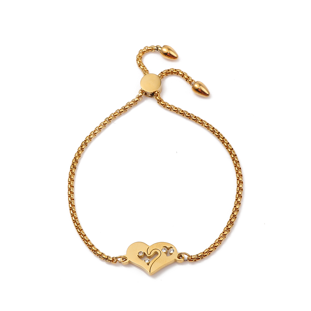 Immagine di 304 Acciaio Inossidabile Slider Regolabile Bolo Bracciale / Presentazione Oro Placcato Cuore Cuore Trasparente Strass 26.3cm - 25.3cm Lunghezza, 50 Pz