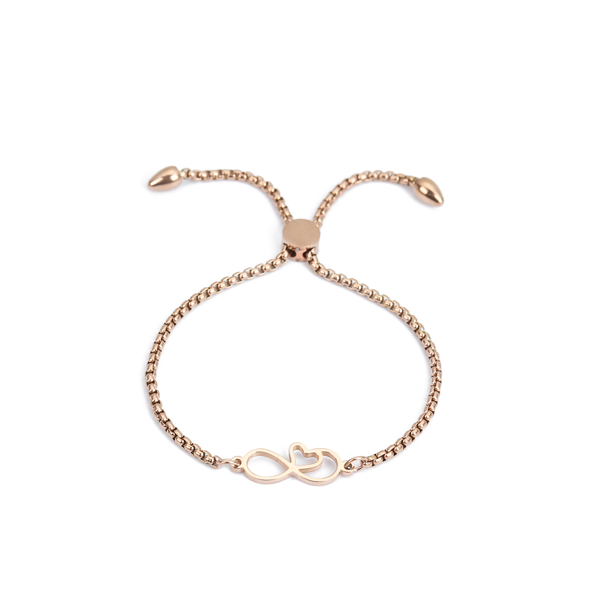Imagen de 304 Acero Inoxidable Ajustable Slider/ Slide Pulsera Oro Rosa Símbolo del infinito Corazón 26.3cm - 25.3cm longitud, 1 Unidad