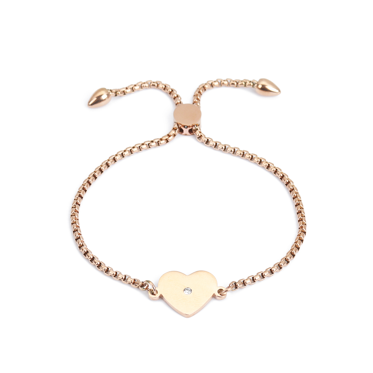 Imagen de 304 Acero Inoxidable Ajustable Slider/ Slide Pulsera Oro Rosa Ronda Corazón Transparente Rhinestone 25.3cm - 24.3cm longitud, 1 Unidad