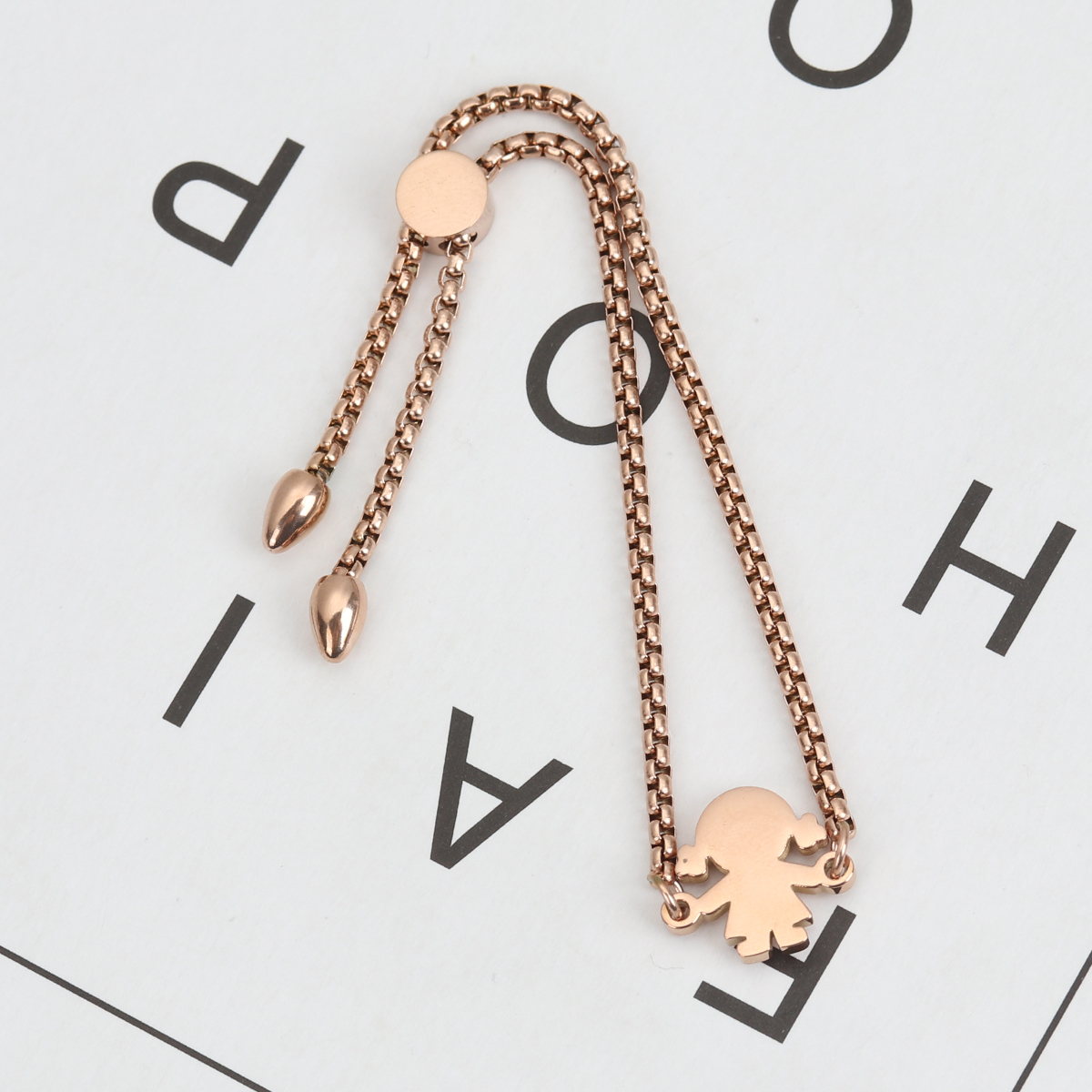 Picture of 304 Stainless Steel Adjustable Slider/ Slide Bolo Bracelets Rose Gold Girl 26.3cm(10 3/8") long - 25.3cm(10") long, 1 Piece