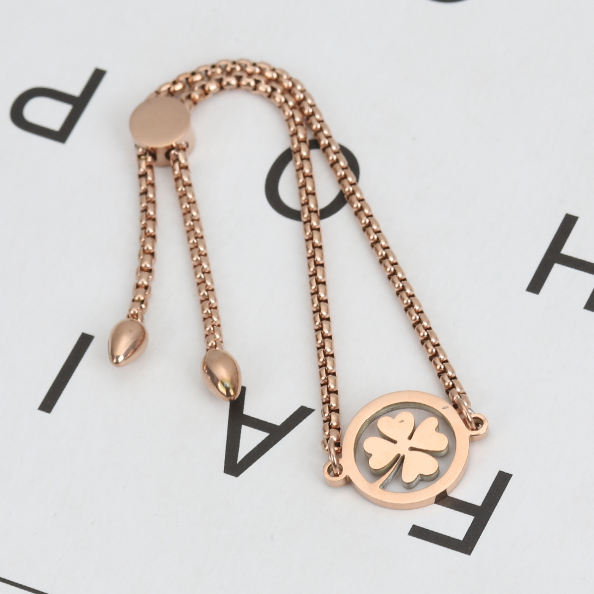 Imagen de 304 Acero Inoxidable Ajustable Slider/ Slide Pulsera Oro Rosa Ronda Hoja del Trébol 26.3cm - 25.3cm longitud, 1 Unidad