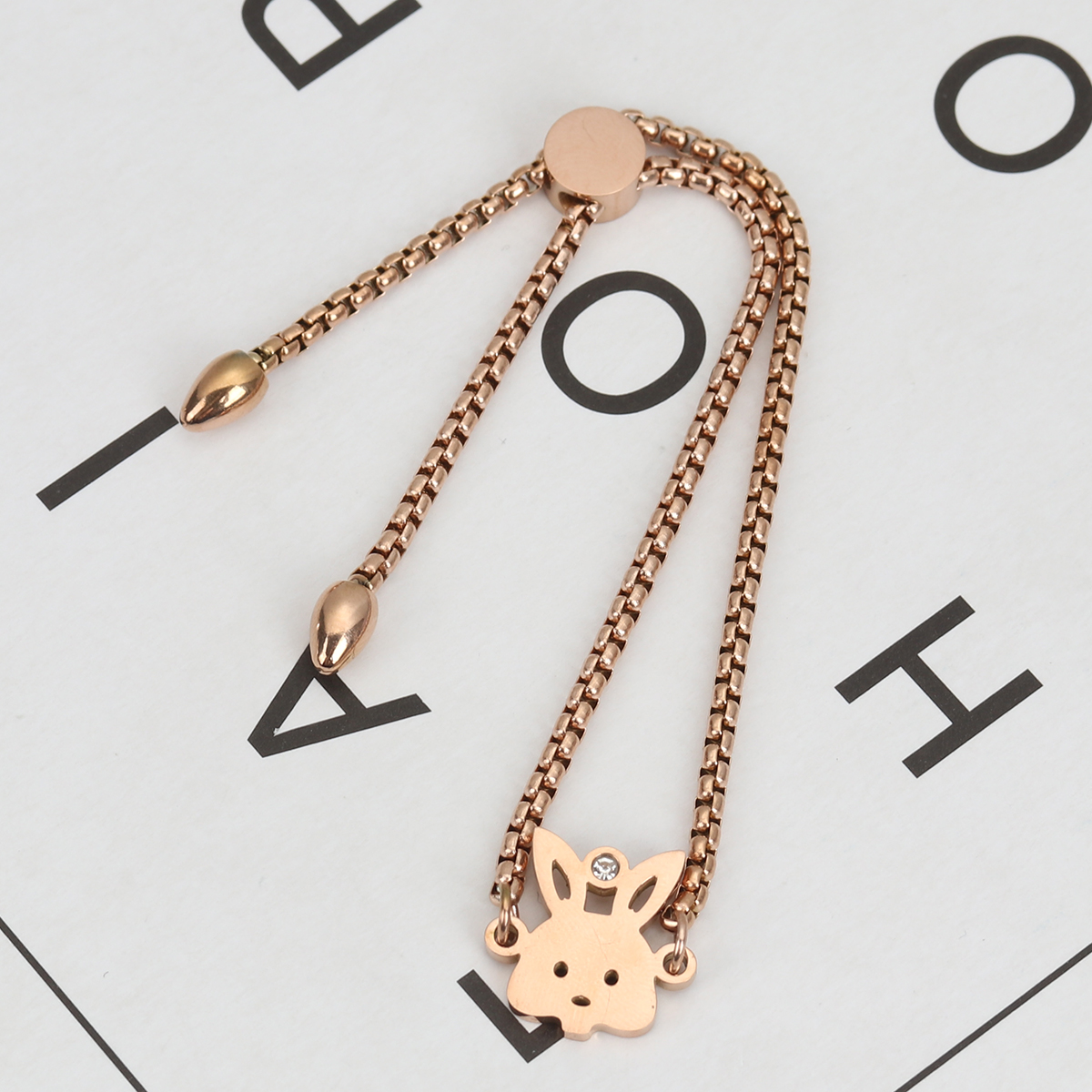 Изображение 304 Нержавеющая Сталь Регулируемая Боло Слайдер / Слайд-браслет Розово-золотой Заяц Прозрачный Горный Хрусталь 26.3см - 25.3см Длина, 50 ШТ