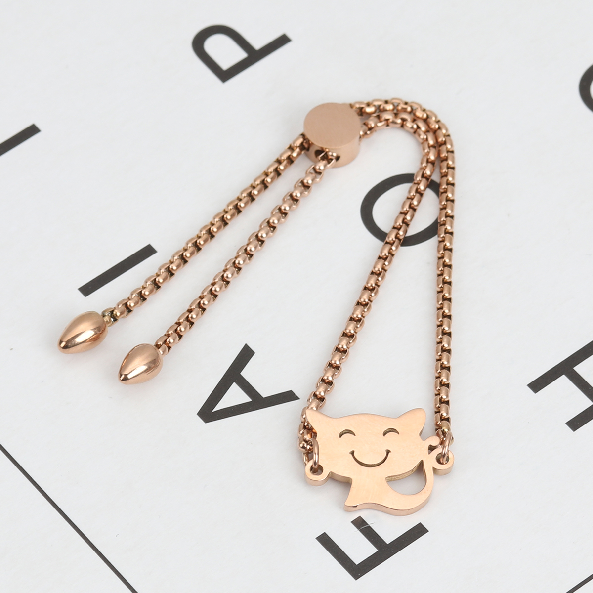 304ステンレス鋼 調整可能 スライダー ボーロ ブレスレット ローズゴールド 猫 26.3cm - 25.3cm 長さ、 1 本 の画像