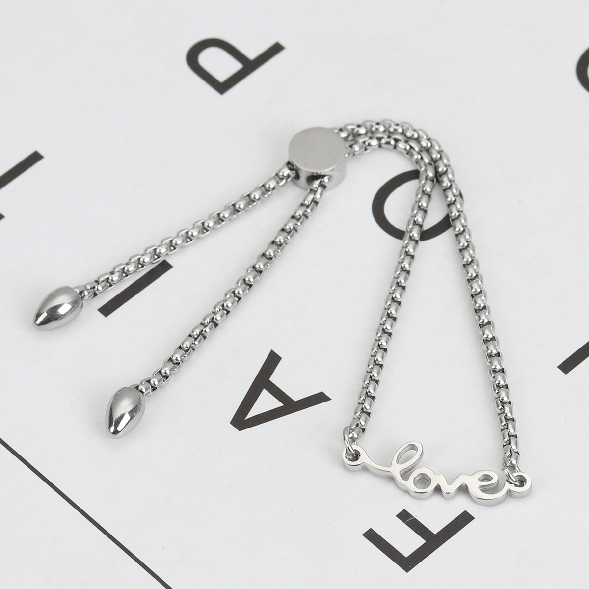 Imagen de 304 Acero Inoxidable Ajustable Slider/ Slide Pulsera Tono de Plata " Amor " 26.3cm - 25.3cm longitud, 50 Unidades