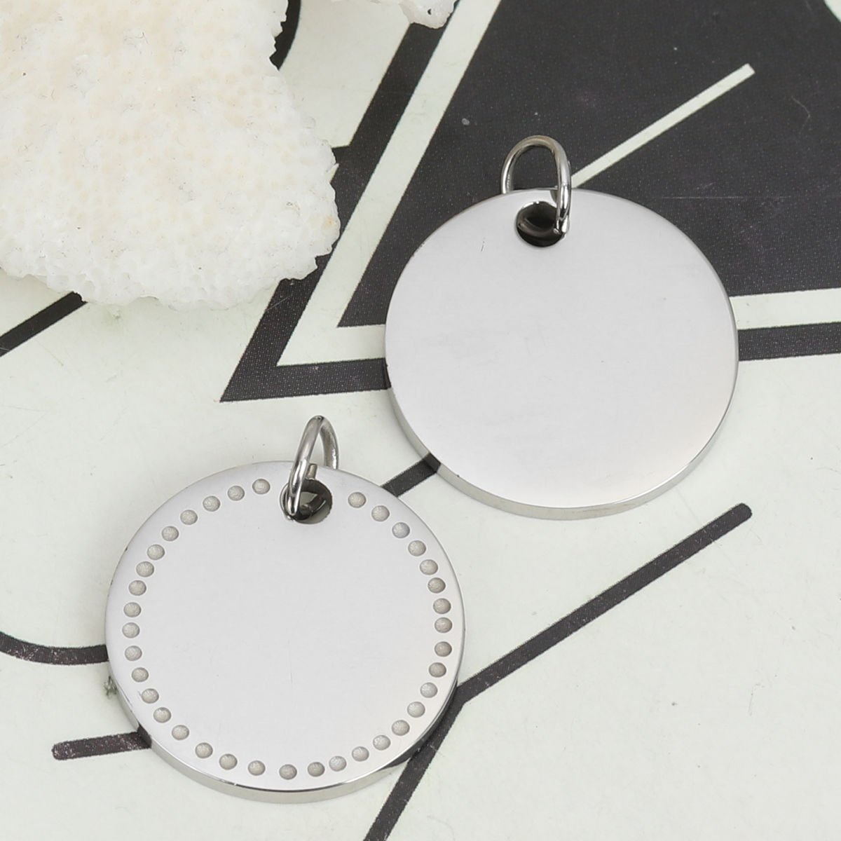 Picture of Stainless Steel Blank Stamping Tags Charms Round Disc Silver Tone Double-sided Polishing 24mm x 20mm, 2 PCs