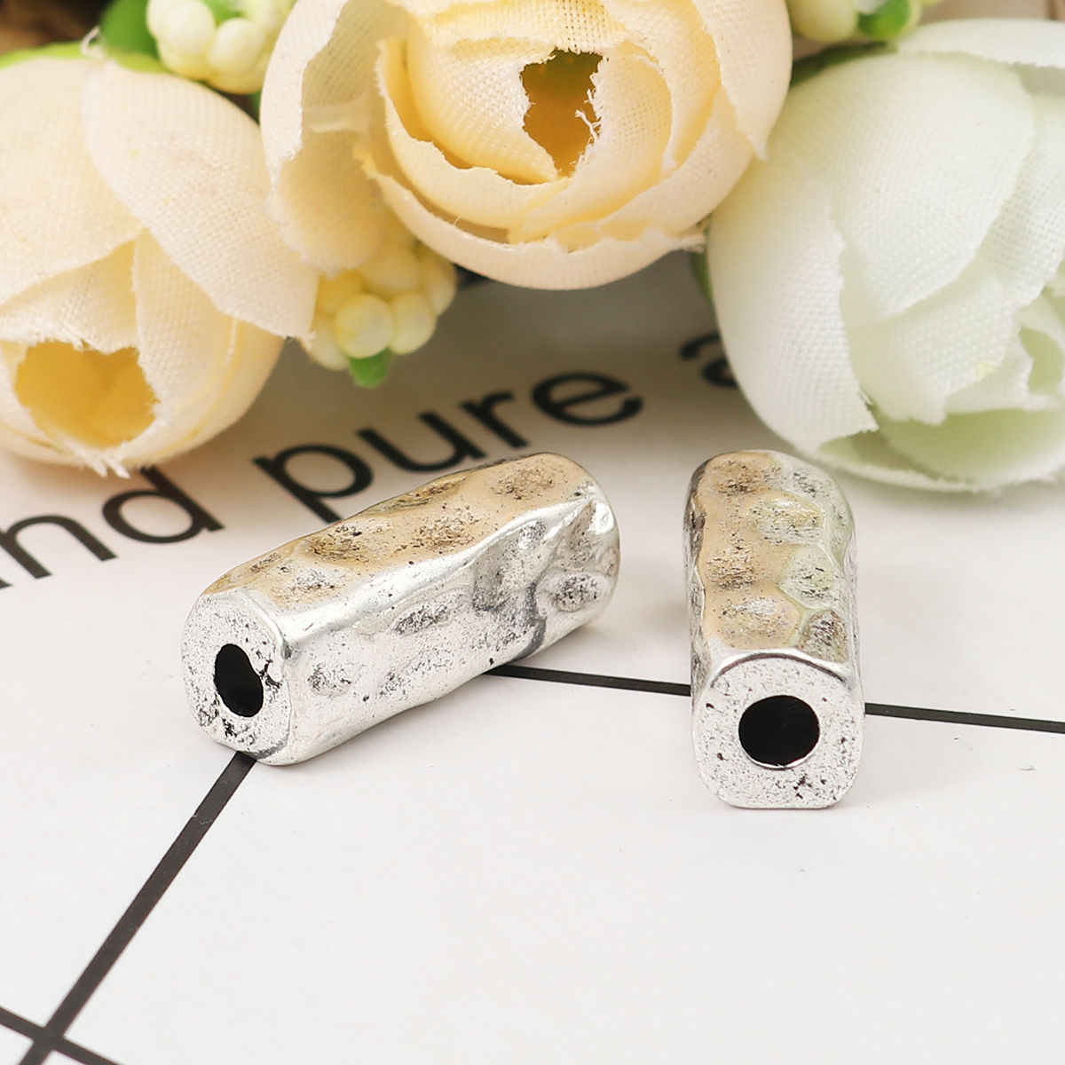 Picture of Zinc Based Alloy Hammered Spacer Beads Rectangle Antique Silver Color 18mm x 7mm, Hole: Approx 1.9mm, 10 PCs