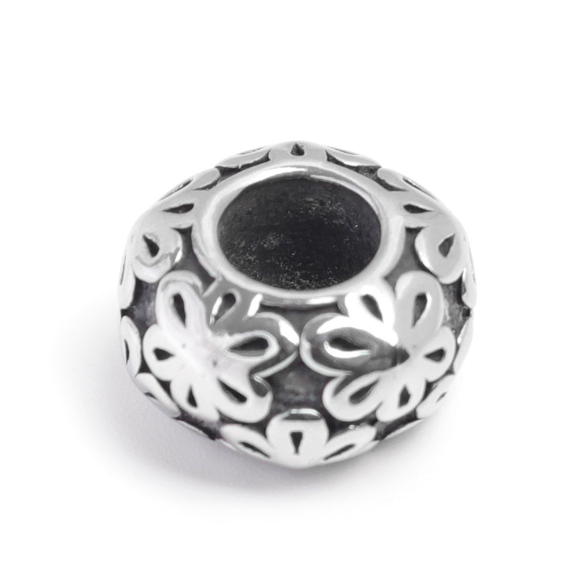 Picture of 304 Stainless Steel Casting Beads Round Antique Silver Color Flower 12mm x 7mm, Hole: Approx 5.3mm, 1 Piece