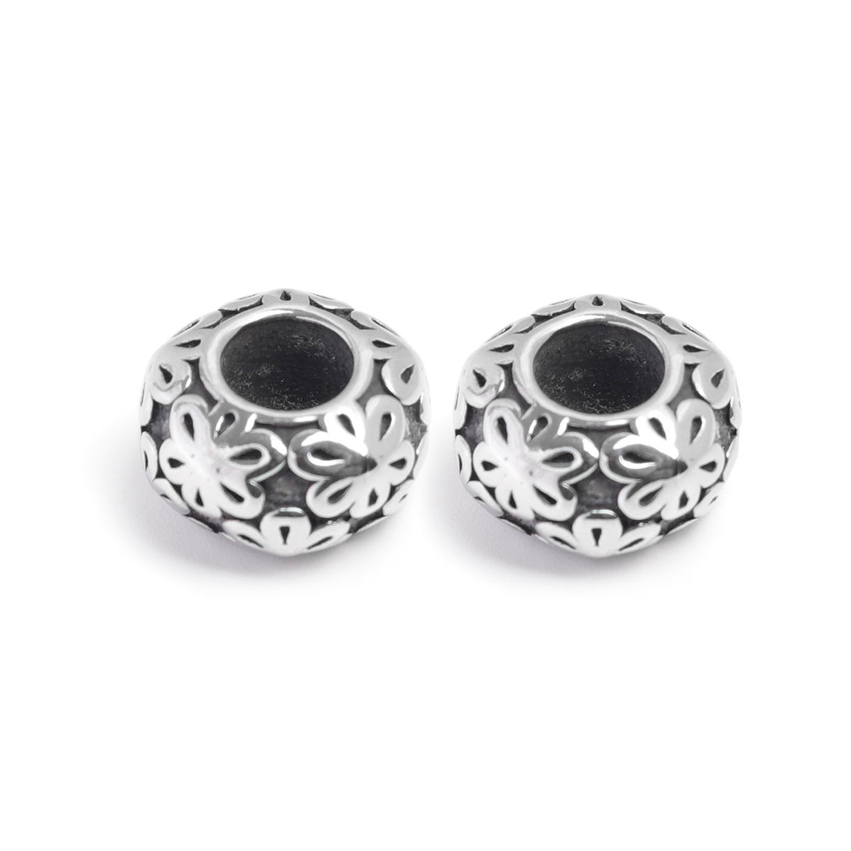 Picture of 304 Stainless Steel Casting Beads Round Antique Silver Color Flower 12mm x 7mm, Hole: Approx 5.3mm, 1 Piece