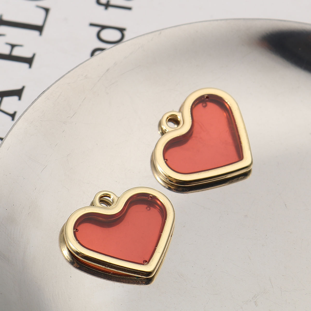 Picture of Zinc Based Alloy & Resin Charms Heart Gold Plated Deep Red Transparent 19mm x 17mm, 5 PCs