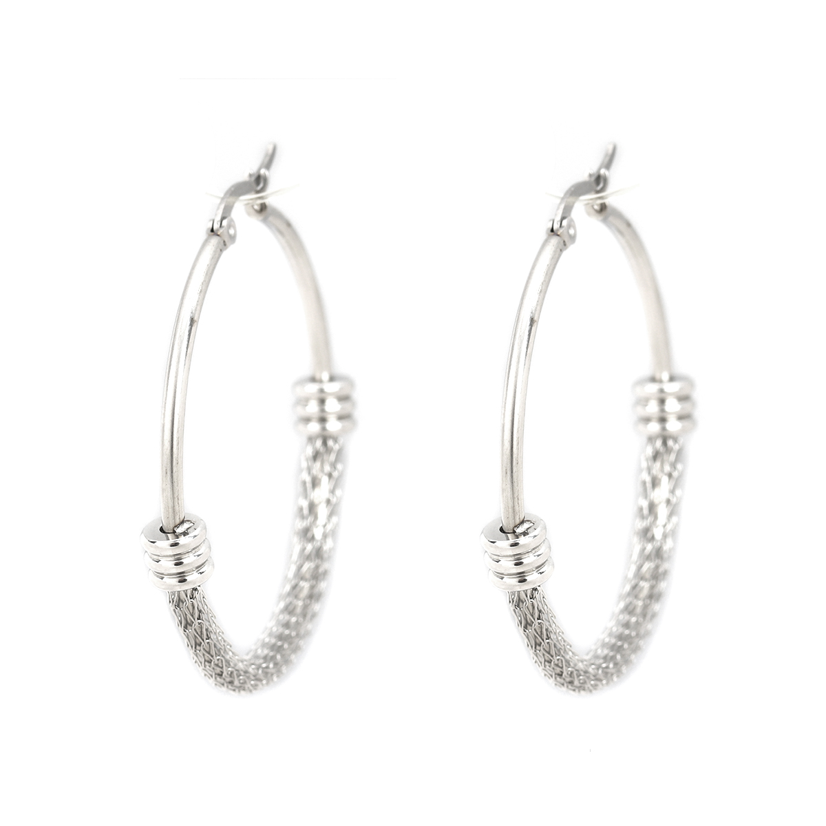 Picture of 304 Stainless Steel Hoop Earrings Silver Tone Round Hollow 4.9cm x 4.8cm, Post/ Wire Size: (17 gauge), 1 Pair