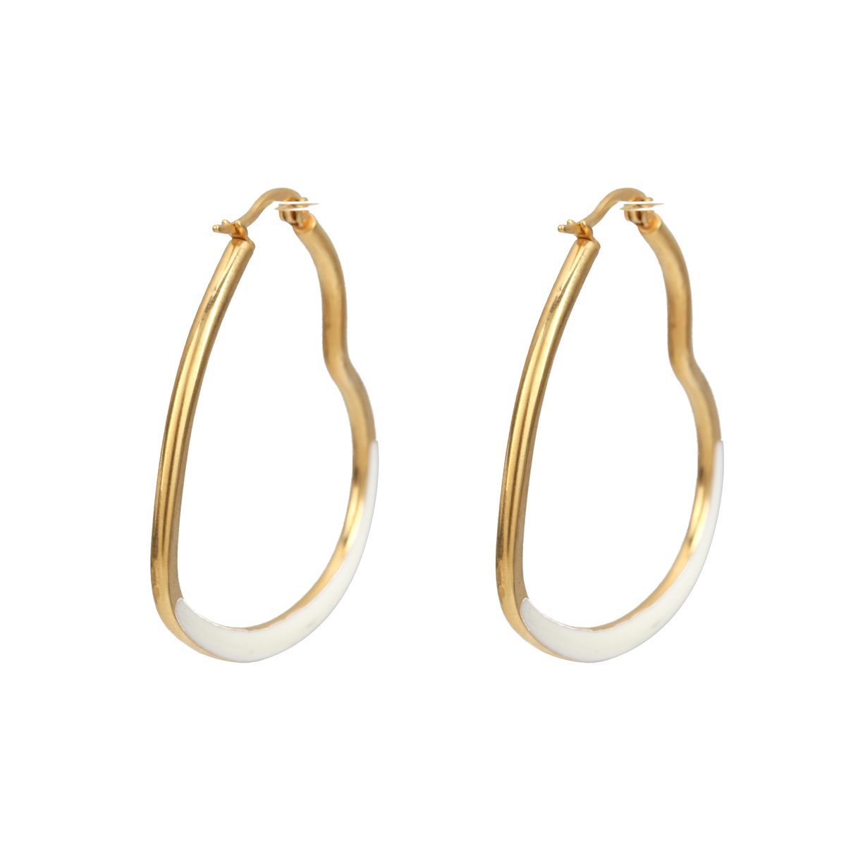 Picture of 304 Stainless Steel Hoop Earrings Gold Plated White Heart Enamel 4.4cm x 4cm, Post/ Wire Size: (17 gauge), 1 Pair