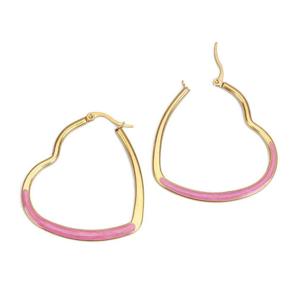 Picture of 304 Stainless Steel Hoop Earrings Gold Plated White Heart Enamel 4.4cm x 4cm, Post/ Wire Size: (17 gauge), 1 Pair