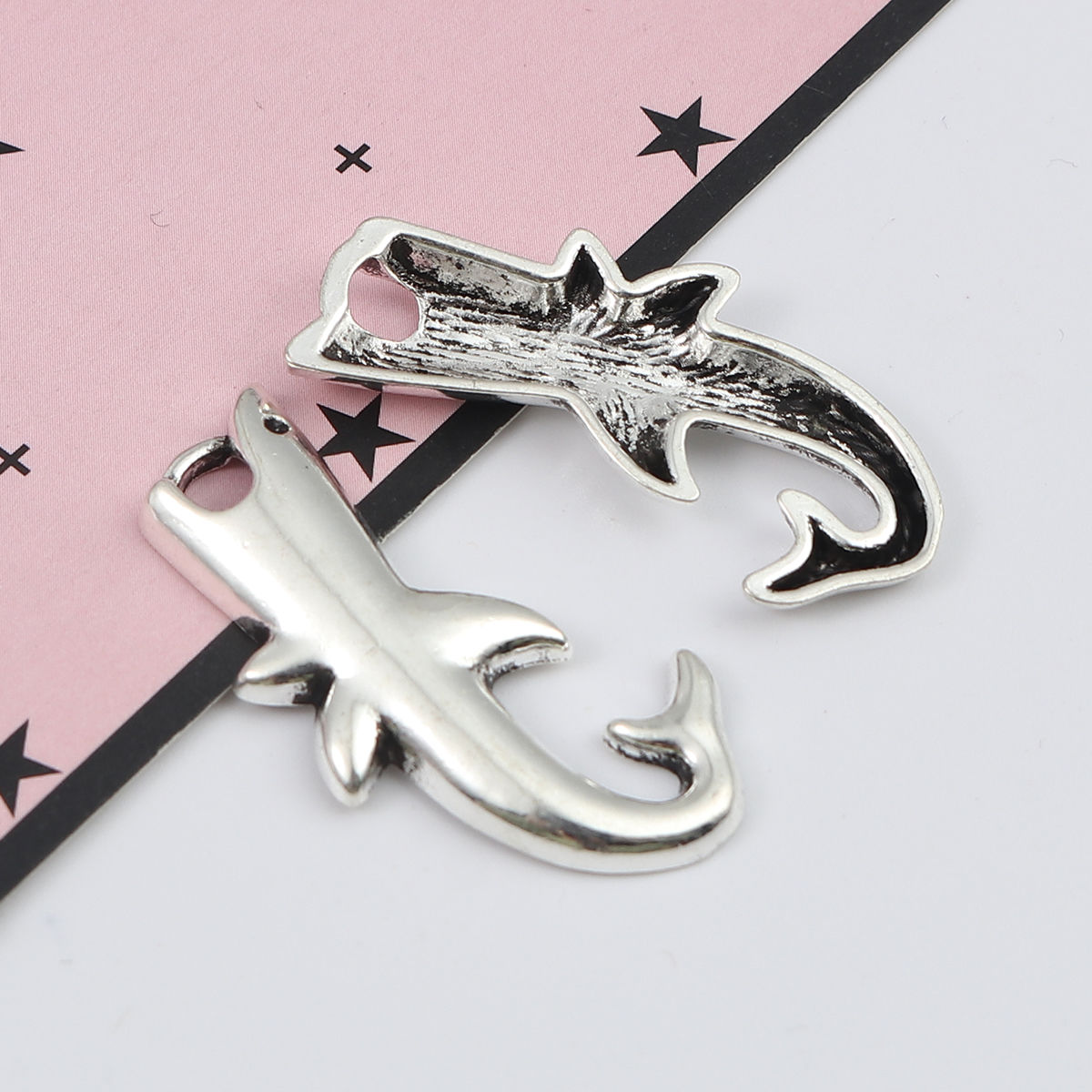 Picture of 40 PCs Zinc Based Alloy Ocean Jewelry Pendants Antique Silver Color Shark Animal 30mm x 17mm