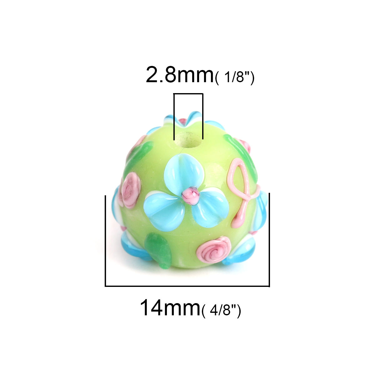 Picture of Lampwork Glass Japanese Style Beads Round Grass Green Flower Leaves About 14mm x 13mm, Hole: Approx 2.8mm, 1 Piece