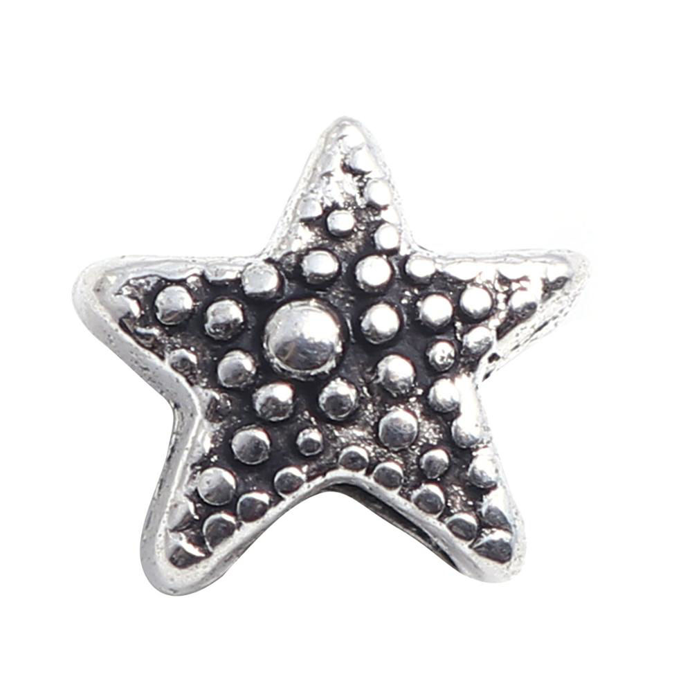 Imagen de Zamak Joyería del océano Cuentas Estrella de mar Plata Antigua 11mm x 10mm, Agujero: Aprox 4.3mm, 30 Unidades