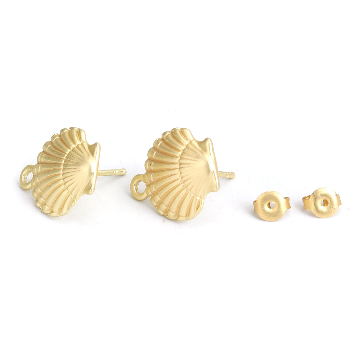 Picture of Zinc Based Alloy Ear Post Stud Earrings Findings Shell Matt Gold W/ Loop 17mm x 15mm, Post/ Wire Size: (19 gauge), 4 PCs