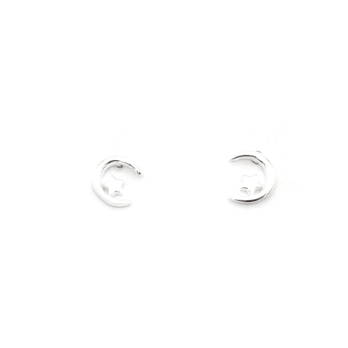 Picture of Sterling Silver Ear Post Stud Earrings Silver Half Moon Star 6mm x 5mm, Post/ Wire Size: (21 gauge), 1 Pair