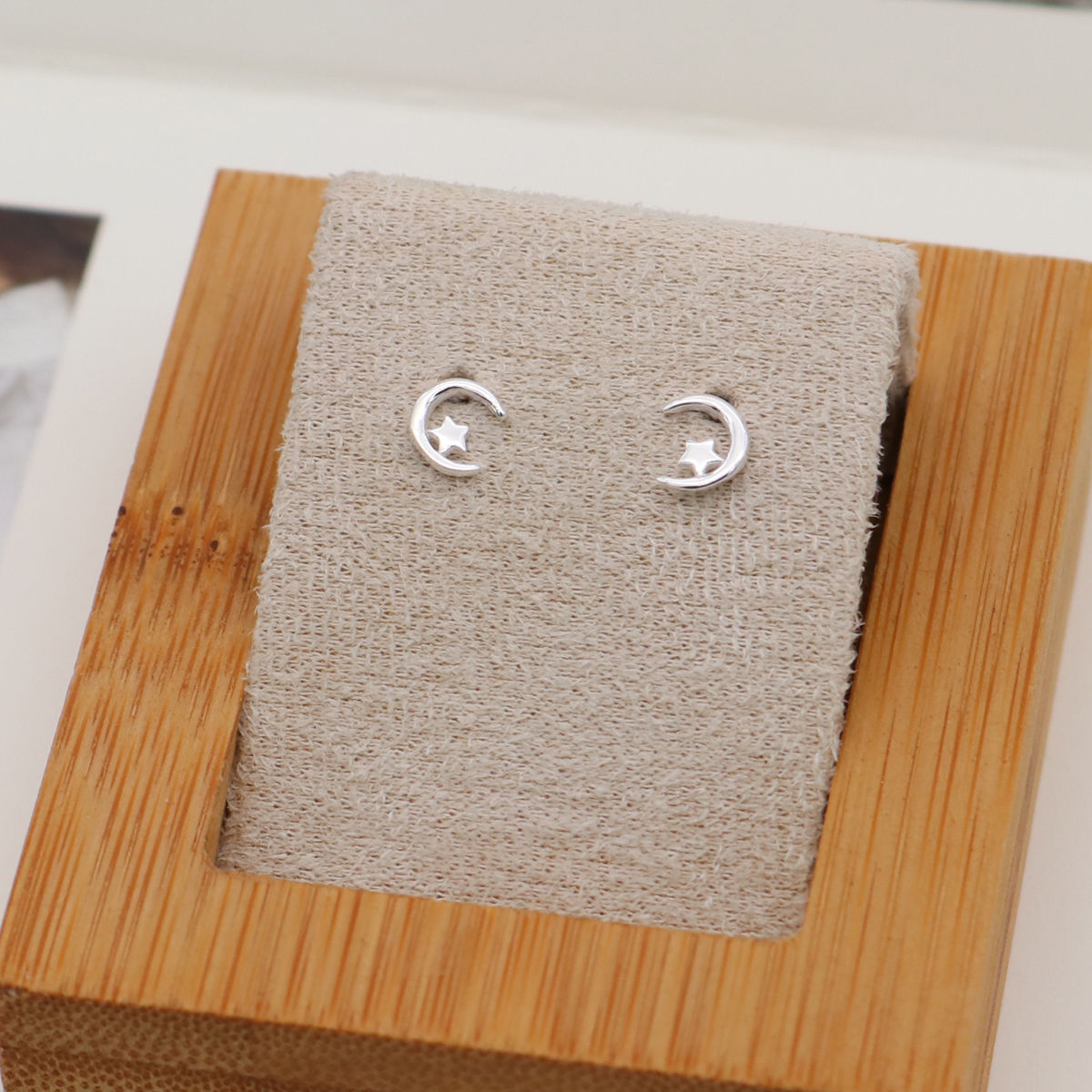 Picture of Sterling Silver Ear Post Stud Earrings Silver Half Moon Star 6mm x 5mm, Post/ Wire Size: (21 gauge), 1 Pair