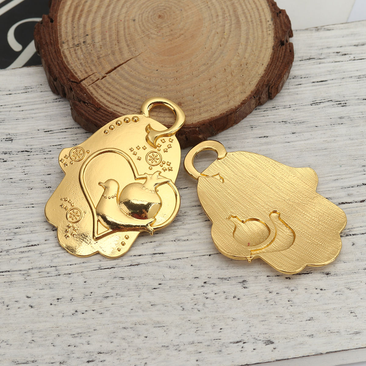 Picture of Zinc Based Alloy Pendants Hamsa Symbol Hand Gold Plated Heart 59mm x 42mm, 5 PCs