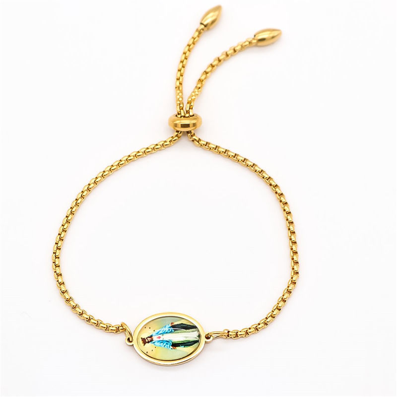 Picture of 316 Stainless Steel Adjustable Slider/ Slide Bolo Bracelets Gold Plated Oval Jesus With Glass Cabochons 25cm(9 7/8") long, 1 Piece