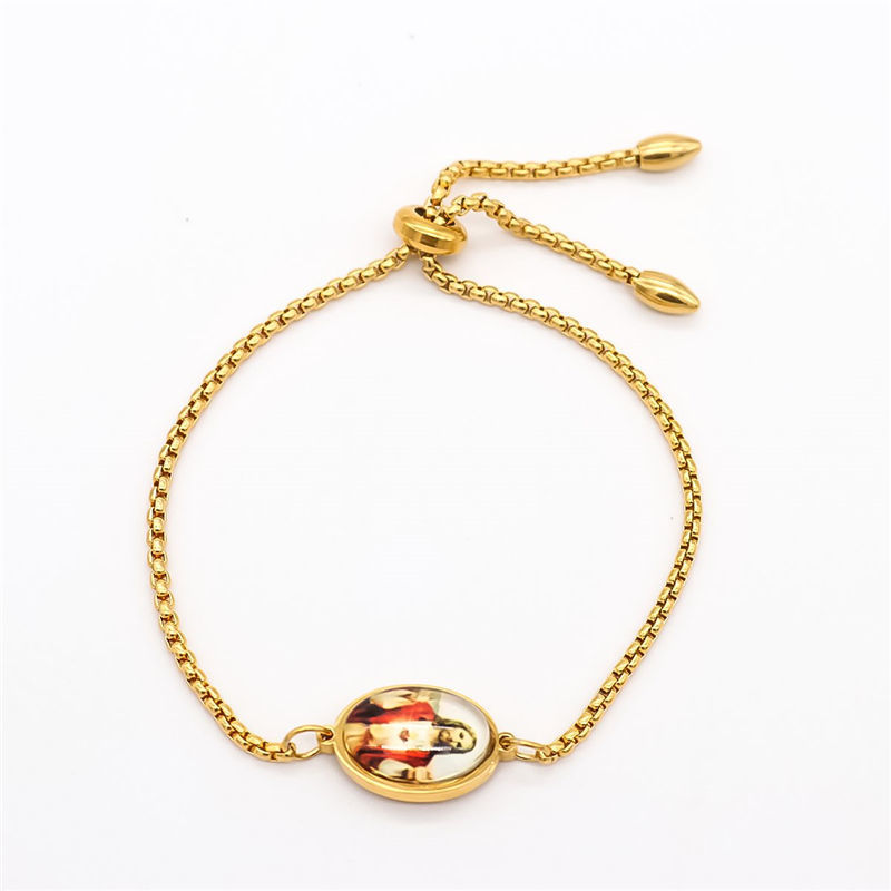 Picture of 316 Stainless Steel Adjustable Slider/ Slide Bolo Bracelets Gold Plated Oval Jesus With Glass Cabochons 25cm(9 7/8") long, 1 Piece
