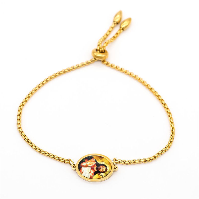 Picture of 316 Stainless Steel Adjustable Slider/ Slide Bolo Bracelets Gold Plated Oval Jesus With Glass Cabochons 25cm(9 7/8") long, 1 Piece