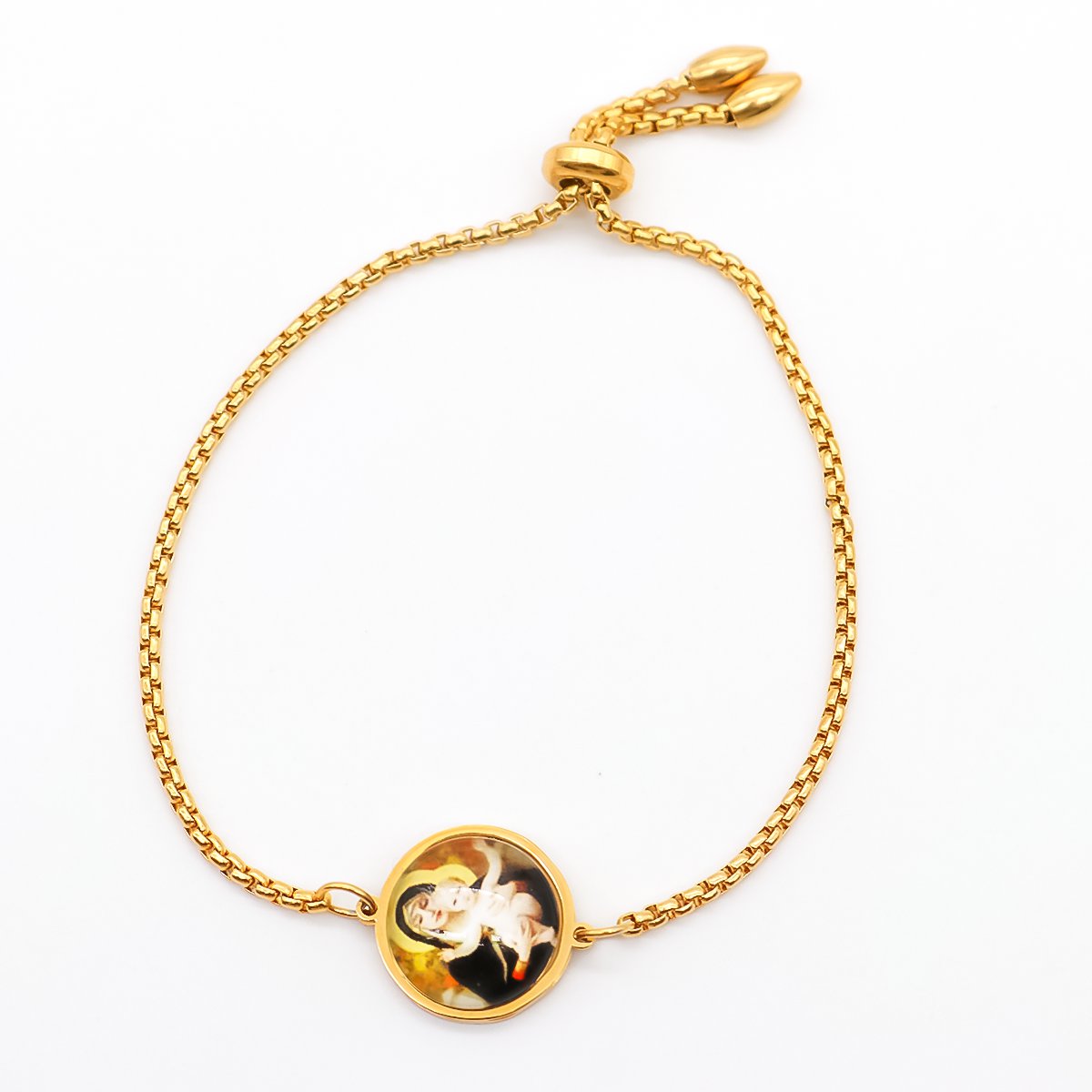 Image de Bracelet Bolo Réglable Nœud Glissé en 316 Acier Inoxydable Doré Rond Sainte Vierge Marie Avec Cabochon en Verre 25cm long, 1 Pièce