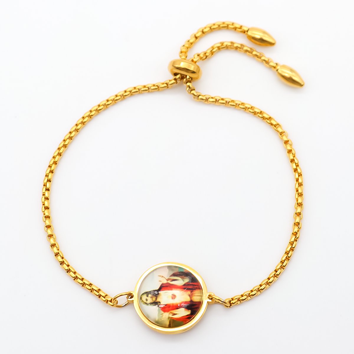 Image de Bracelet Bolo Réglable Nœud Glissé en 316 Acier Inoxydable Doré Rond Jésus Avec Cabochon en Verre 25cm long, 1 Pièce