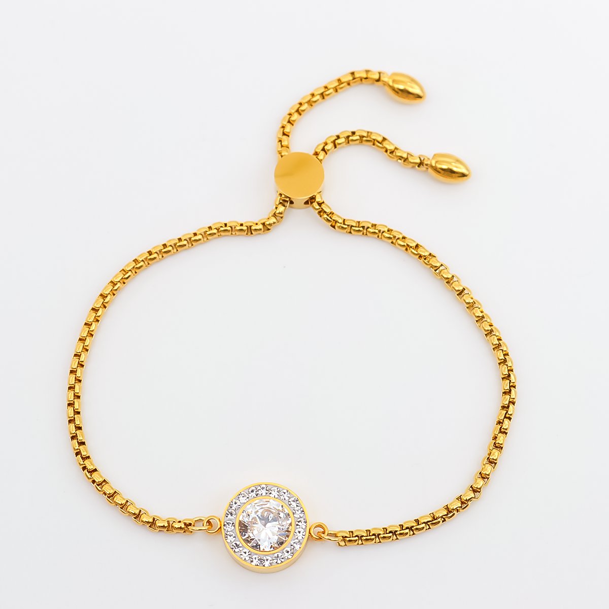 Picture of 316 Stainless Steel Adjustable Slider/ Slide Bolo Bracelets Gold Plated White Round Clear Cubic Zirconia 28cm(11") long, 1 Piece