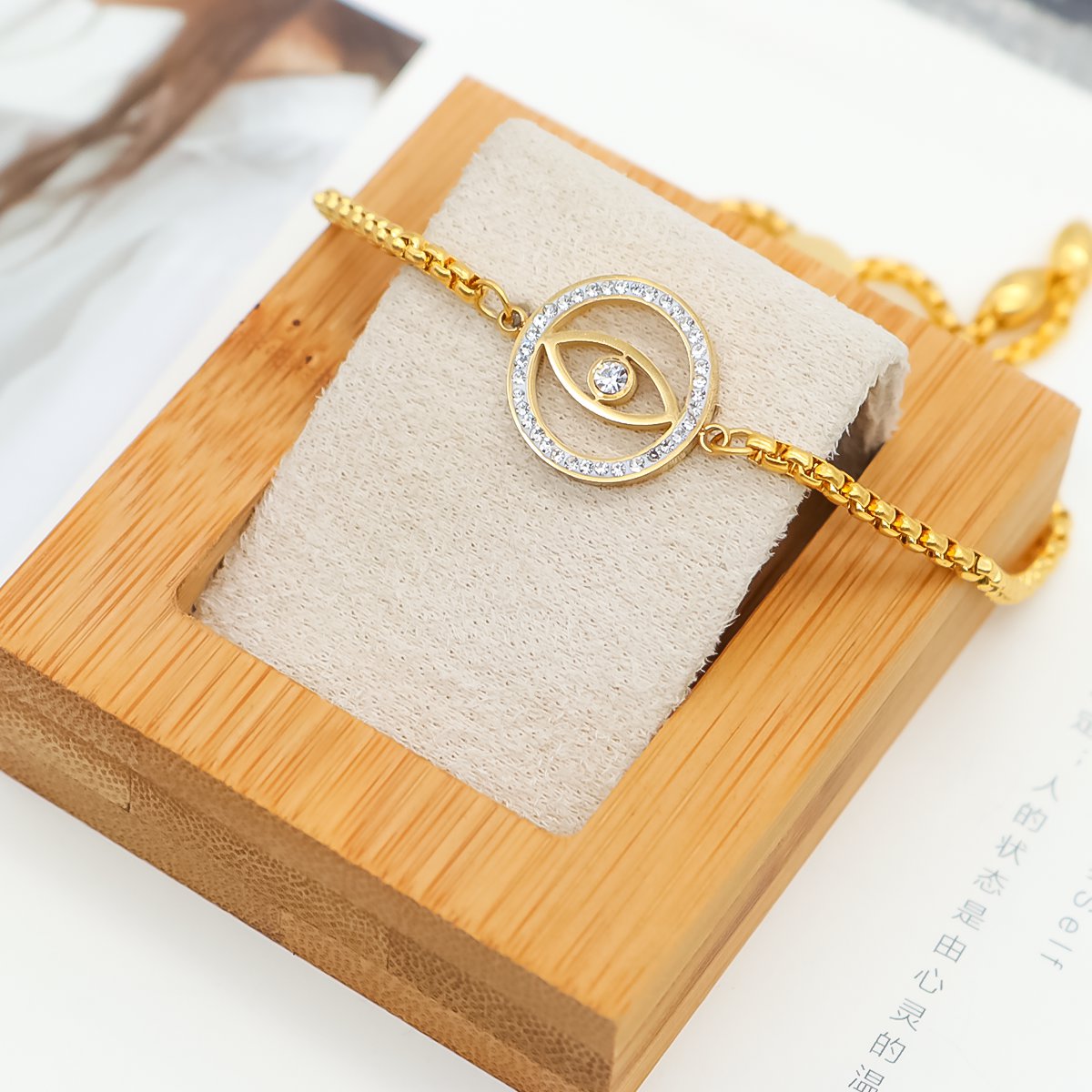 Image de Bracelet Bolo Réglable Nœud Glissé en 316 Acier Inoxydable Doré Rond Yeux Zircone Cubique Clair Creux 28cm long, 1 Pièce