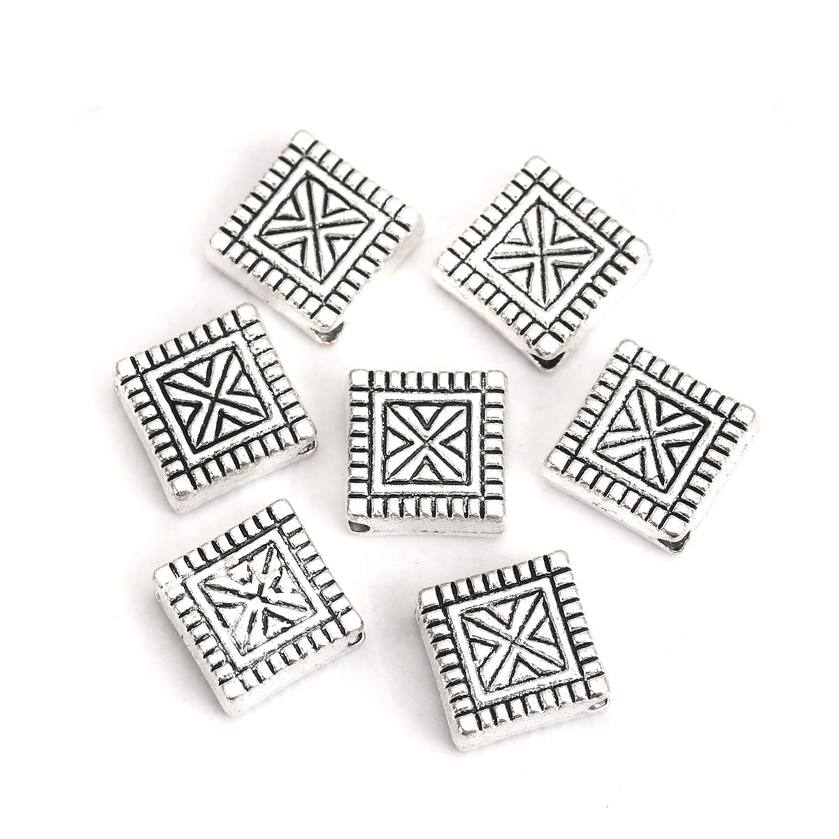 Picture of Zinc Based Alloy Spacer Beads Square Antique Silver Color Carved Pattern 8mm x 8mm, Hole: Approx 1.4mm, 100 PCs