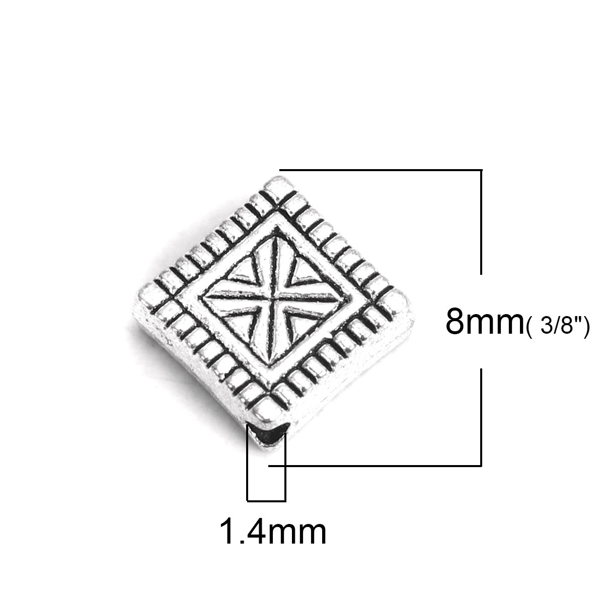Picture of Zinc Based Alloy Spacer Beads Square Antique Silver Color Carved Pattern 8mm x 8mm, Hole: Approx 1.4mm, 100 PCs