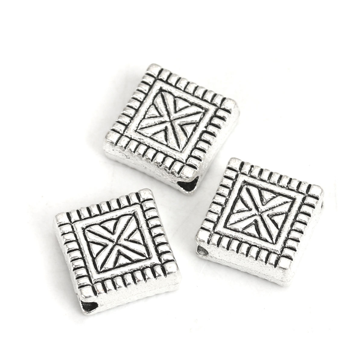 Picture of Zinc Based Alloy Spacer Beads Square Antique Silver Color Carved Pattern 8mm x 8mm, Hole: Approx 1.4mm, 100 PCs