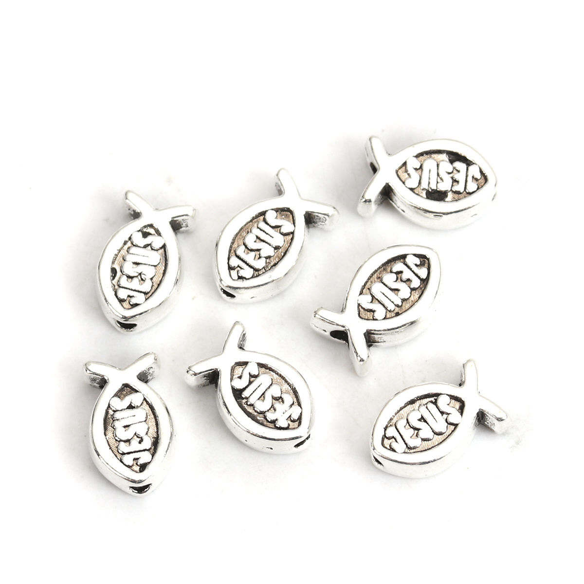 Picture of Zinc Based Alloy Spacer Beads Jesus/ Christian Fish Ichthys Antique Silver Color 8mm x 5mm, Hole: Approx 1.1mm, 100 PCs