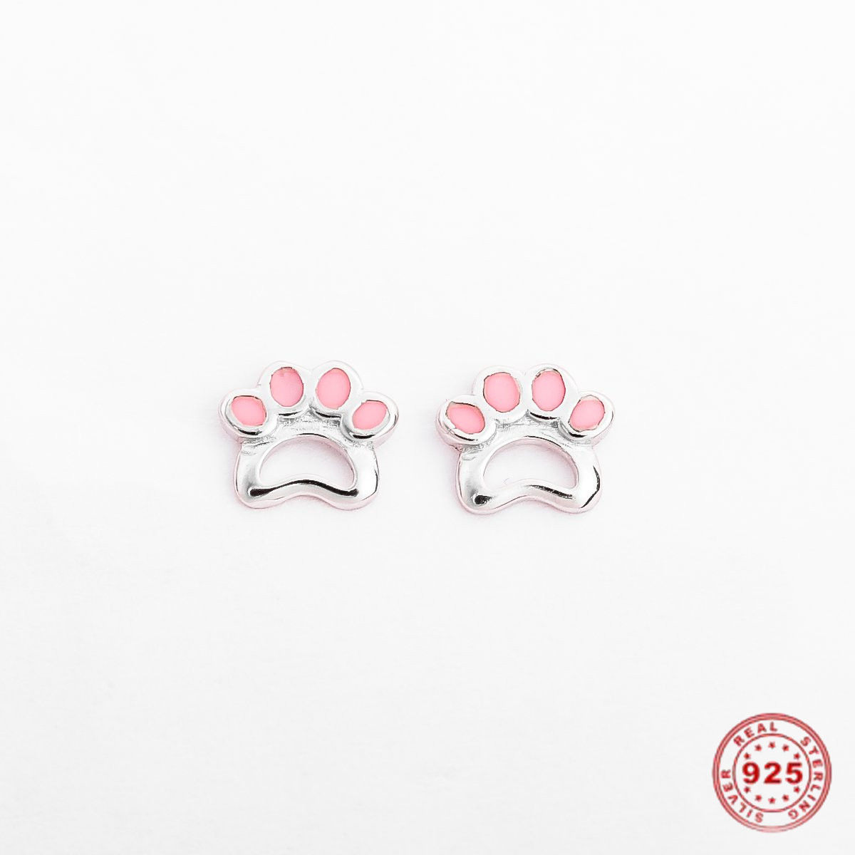 Picture of Sterling Silver Pet Memorial Ear Post Stud Earrings Platinum Plated Light Pink Paw Claw Enamel 6mm x 5mm, Post/ Wire Size: (21 gauge), 1 Pair