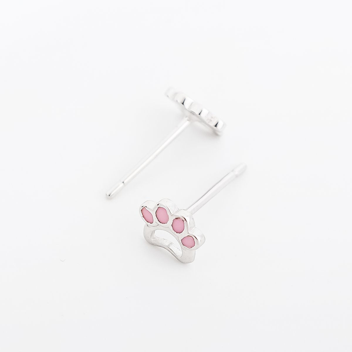 Picture of Sterling Silver Pet Memorial Ear Post Stud Earrings Platinum Plated Light Pink Paw Claw Enamel 6mm x 5mm, Post/ Wire Size: (21 gauge), 1 Pair
