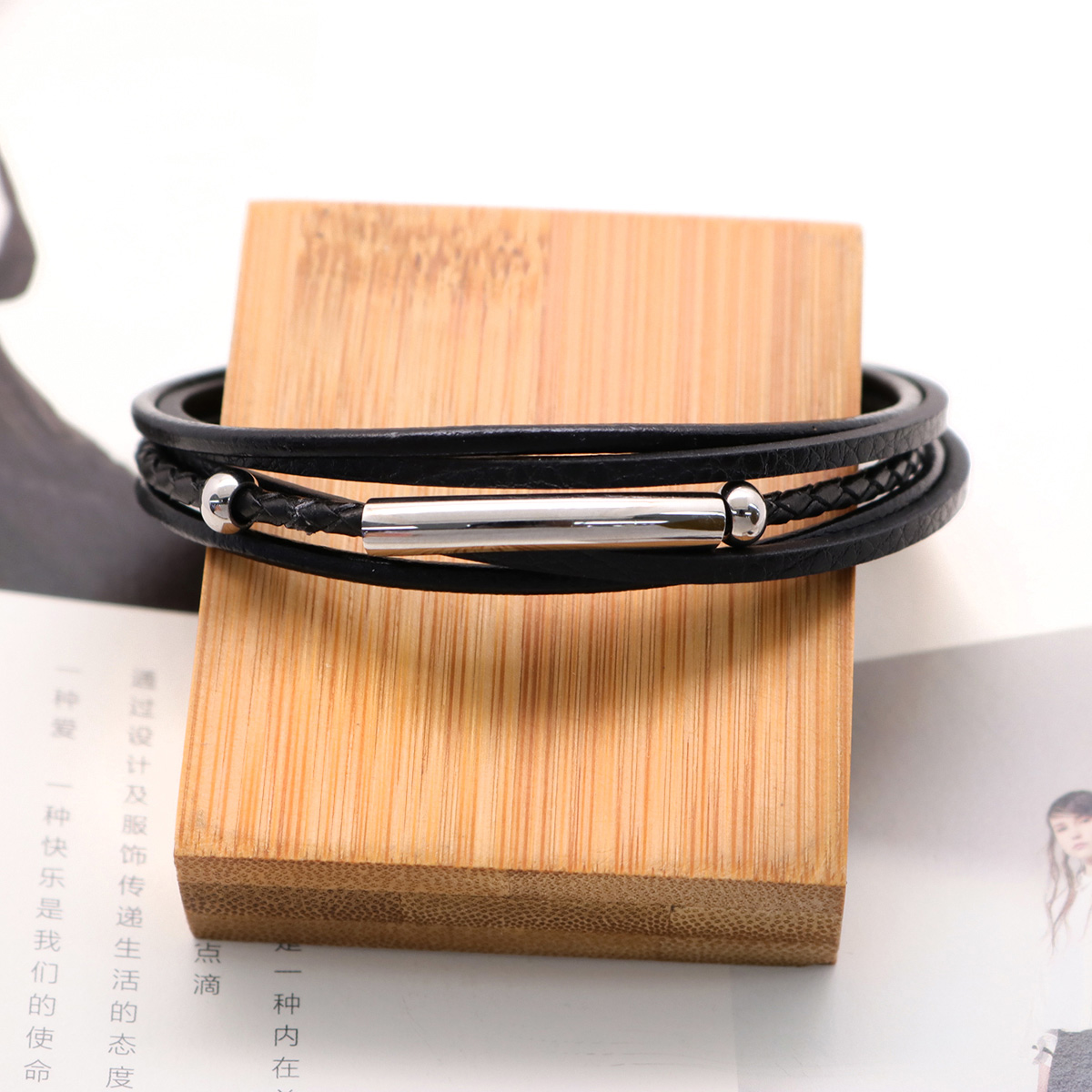 Picture of 304 Stainless Steel & Real Leather Bangles Bracelets Silver Tone Black Round Multilayer 21cm(8 2/8") long, 1 Piece