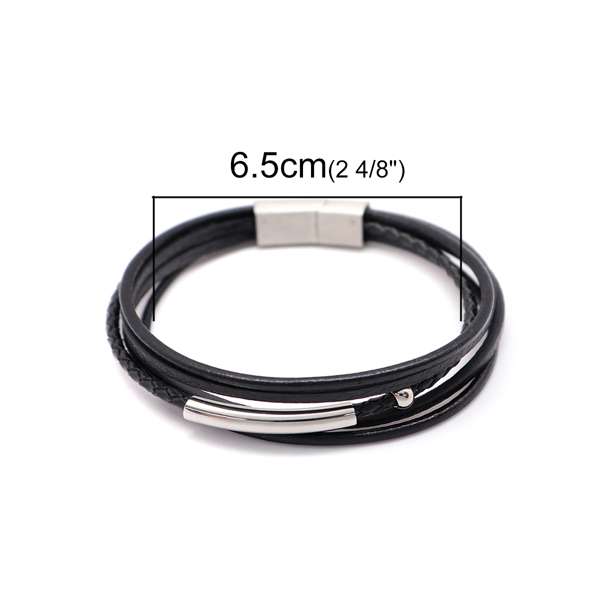 Picture of 304 Stainless Steel & Real Leather Bangles Bracelets Silver Tone Black Round Multilayer 21cm(8 2/8") long, 1 Piece