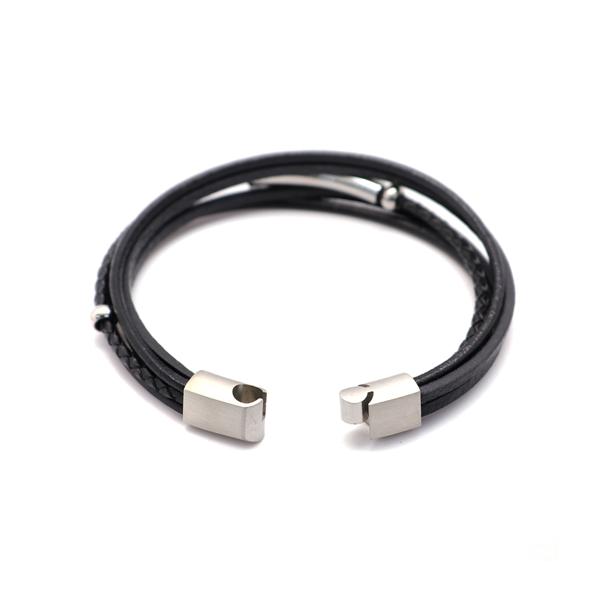 Picture of 304 Stainless Steel & Real Leather Bangles Bracelets Silver Tone Black Round Multilayer 21cm(8 2/8") long, 1 Piece