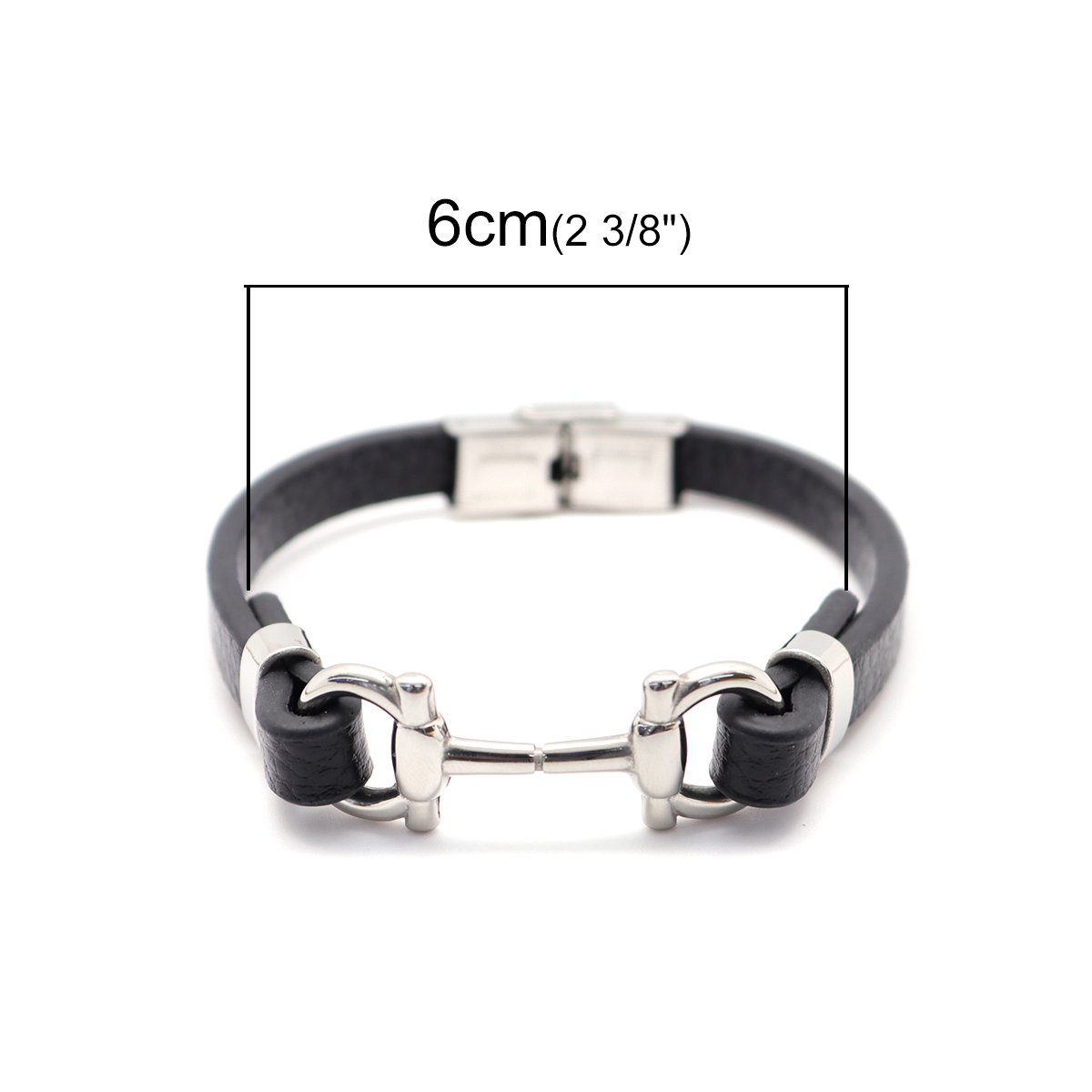 Picture of 304 Stainless Steel & Real Leather Bangles Bracelets Silver Tone Black Round 21cm(8 2/8") long, 1 Piece