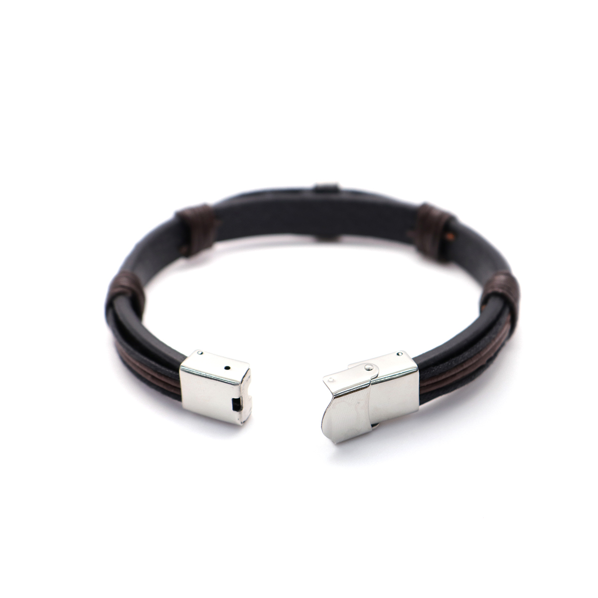 Picture of 304 Stainless Steel & Real Leather Bangles Bracelets Silver Tone Brown & Black Round Cross Multilayer 21cm(8 2/8") long, 1 Piece
