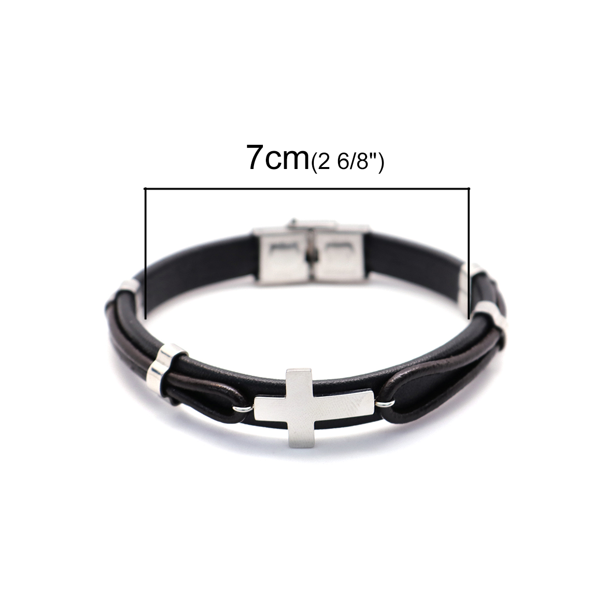 Bild von 304 Edelstahl & Echtes Leder Armband Silberfarbe Braun & Schwarz Rund Kreuz Mehrschichtig 21cm lang, 1 Strang