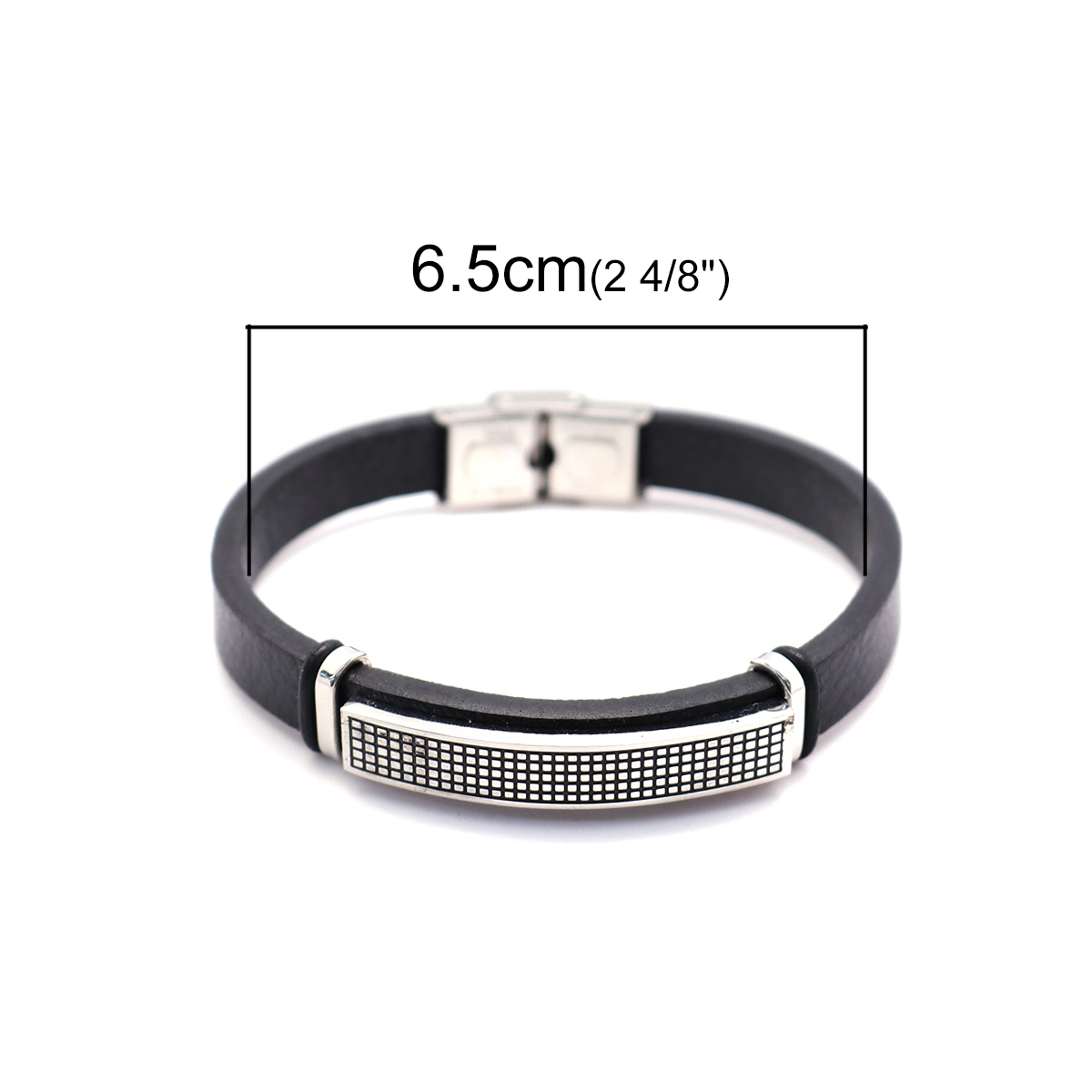 Imagen de 304 Acero Inoxidable & Cuero Real & Caucho Brazalete Tono de Plata Negro Ronda 21cm longitud, 1 Unidad
