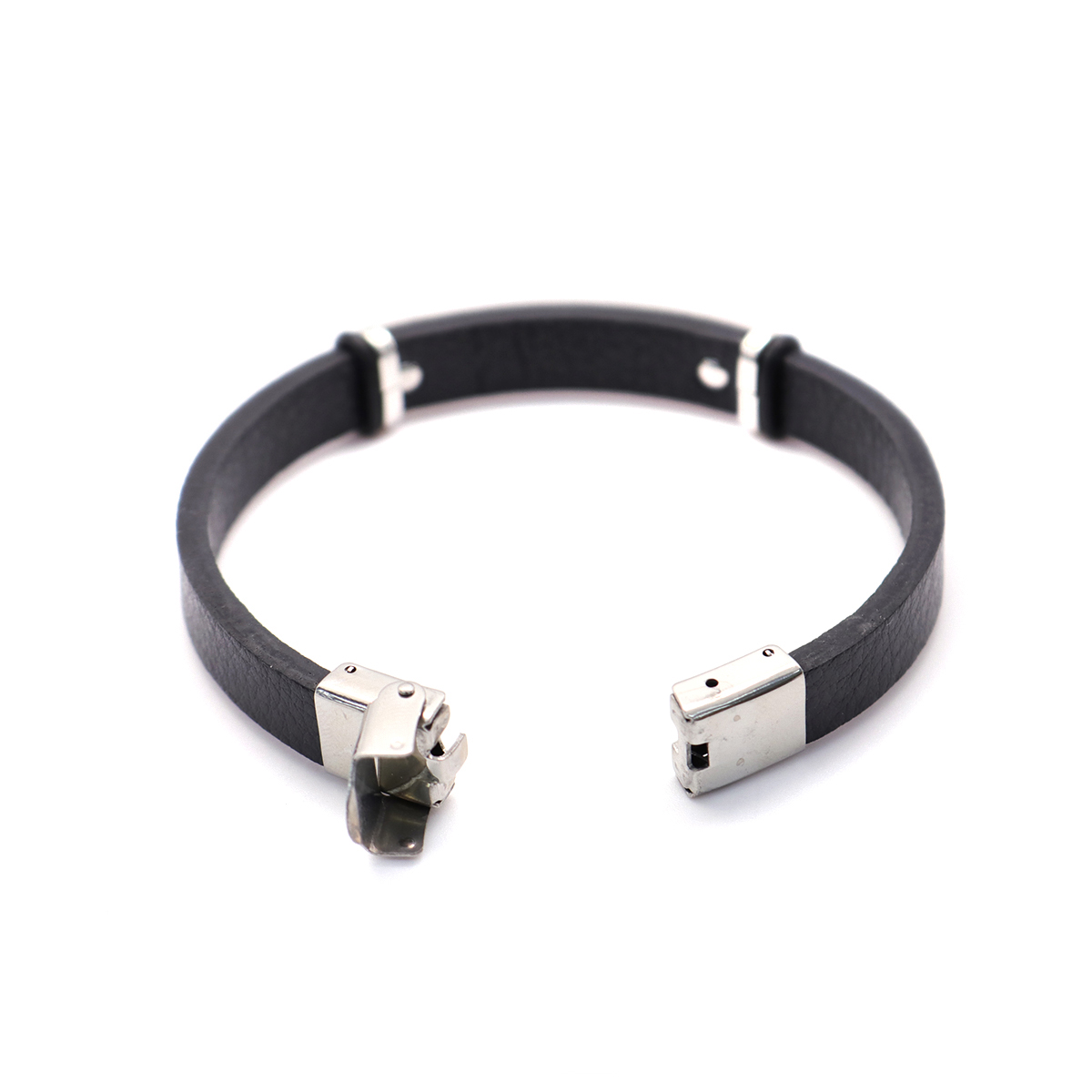 Imagen de 304 Acero Inoxidable & Cuero Real & Caucho Brazalete Tono de Plata Negro Ronda 21cm longitud, 1 Unidad